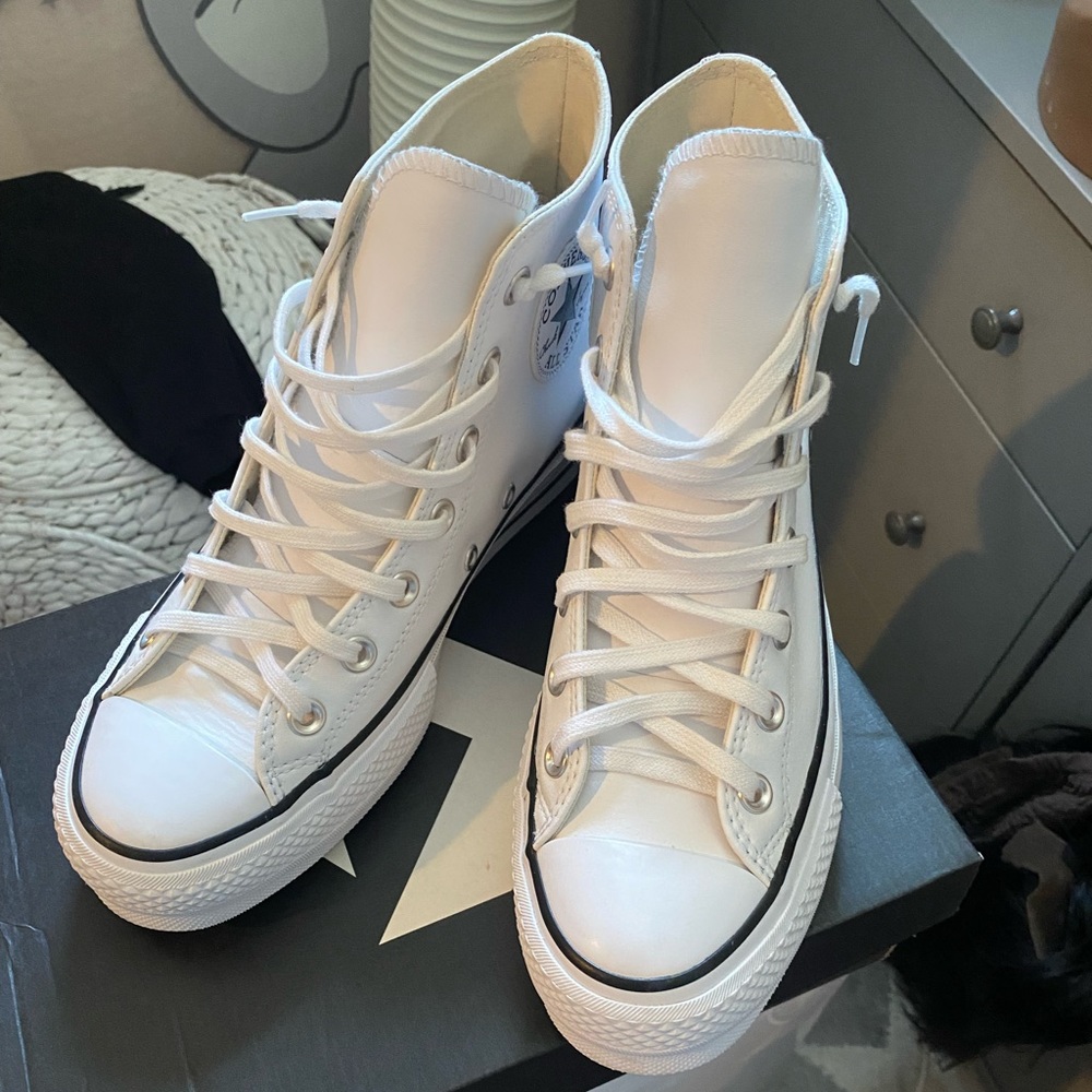 White patent leather high top converses